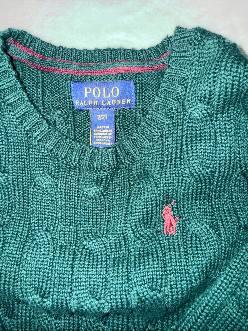 Polo by Ralph Lauren Green Cable V-Neck Sweater with Red Pony